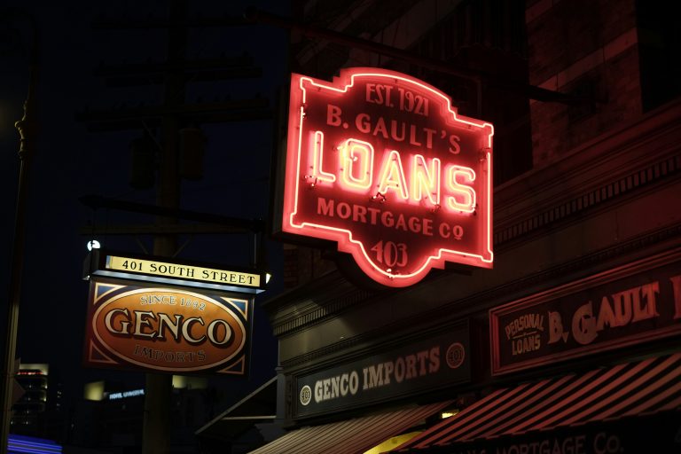 An old business sign which provides loans